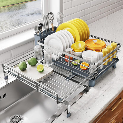 Expandable Dish Drying Rack for Kitchen Counter, Stainless Steel, Black | Foldable Over Sink, Large Capacity, Adjust to Fit Most Sinks, Angled Drainboard, Removable Utensil Holder, Slip Resistant