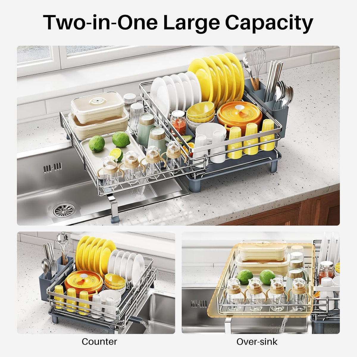 Expandable Dish Drying Rack for Kitchen Counter, Stainless Steel, Black | Foldable Over Sink, Large Capacity, Adjust to Fit Most Sinks, Angled Drainboard, Removable Utensil Holder, Slip Resistant