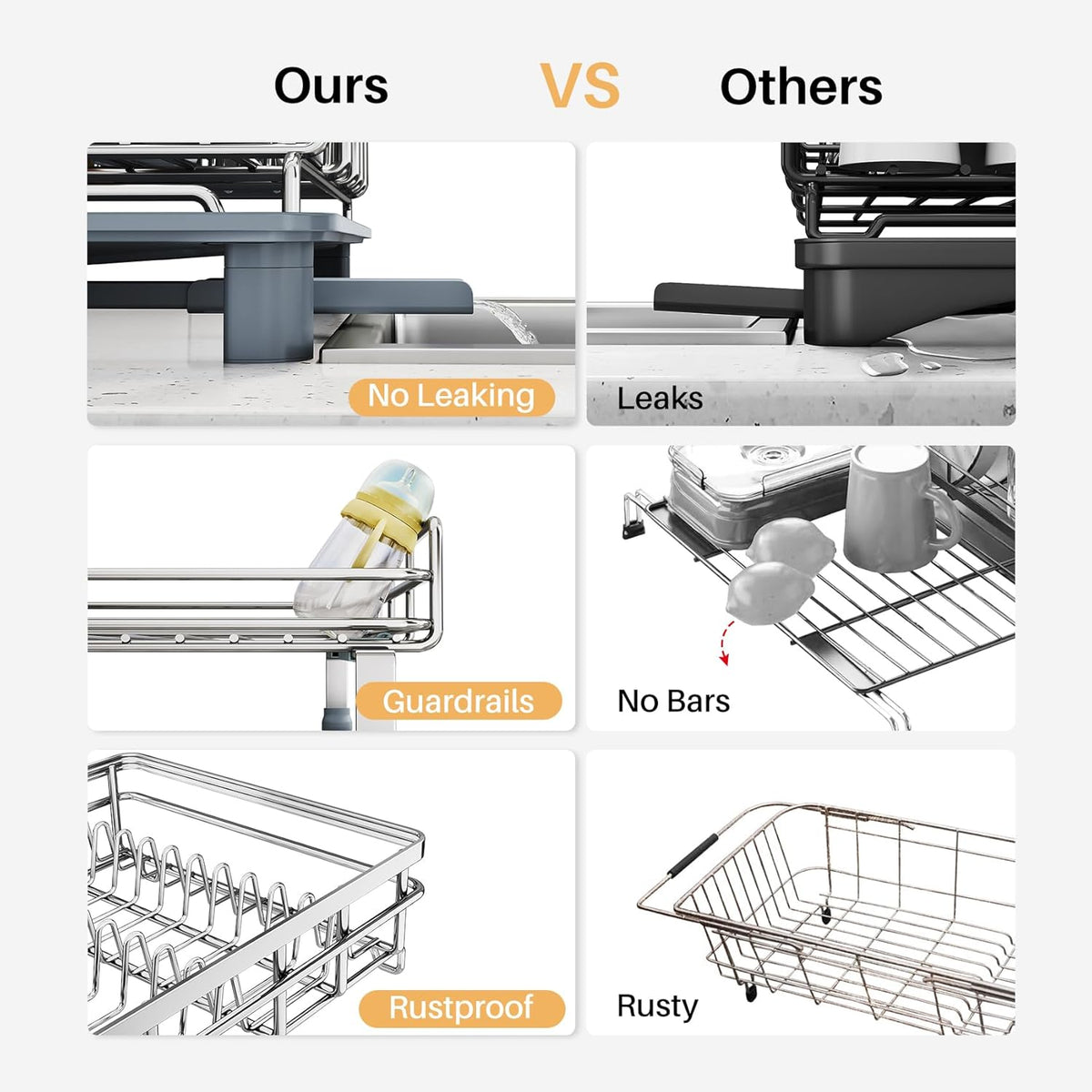 Expandable Dish Drying Rack for Kitchen Counter, Stainless Steel, Black | Foldable Over Sink, Large Capacity, Adjust to Fit Most Sinks, Angled Drainboard, Removable Utensil Holder, Slip Resistant