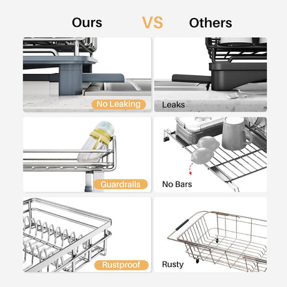 Expandable Dish Drying Rack for Kitchen Counter, Stainless Steel, Black | Foldable Over Sink, Large Capacity, Adjust to Fit Most Sinks, Angled Drainboard, Removable Utensil Holder, Slip Resistant