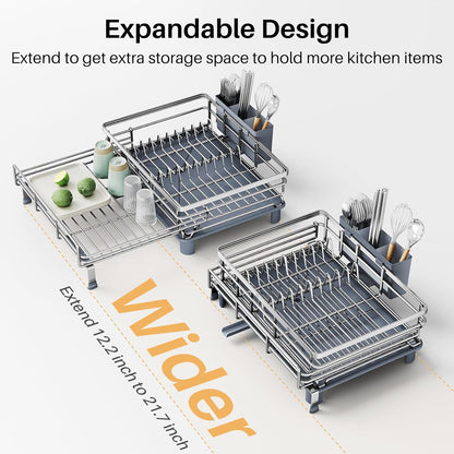 Expandable Dish Drying Rack for Kitchen Counter, Stainless Steel, Black | Foldable Over Sink, Large Capacity, Adjust to Fit Most Sinks, Angled Drainboard, Removable Utensil Holder, Slip Resistant
