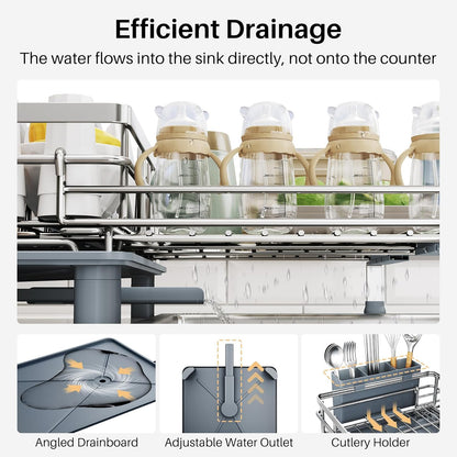 Expandable Dish Drying Rack for Kitchen Counter, Stainless Steel, Black | Foldable Over Sink, Large Capacity, Adjust to Fit Most Sinks, Angled Drainboard, Removable Utensil Holder, Slip Resistant