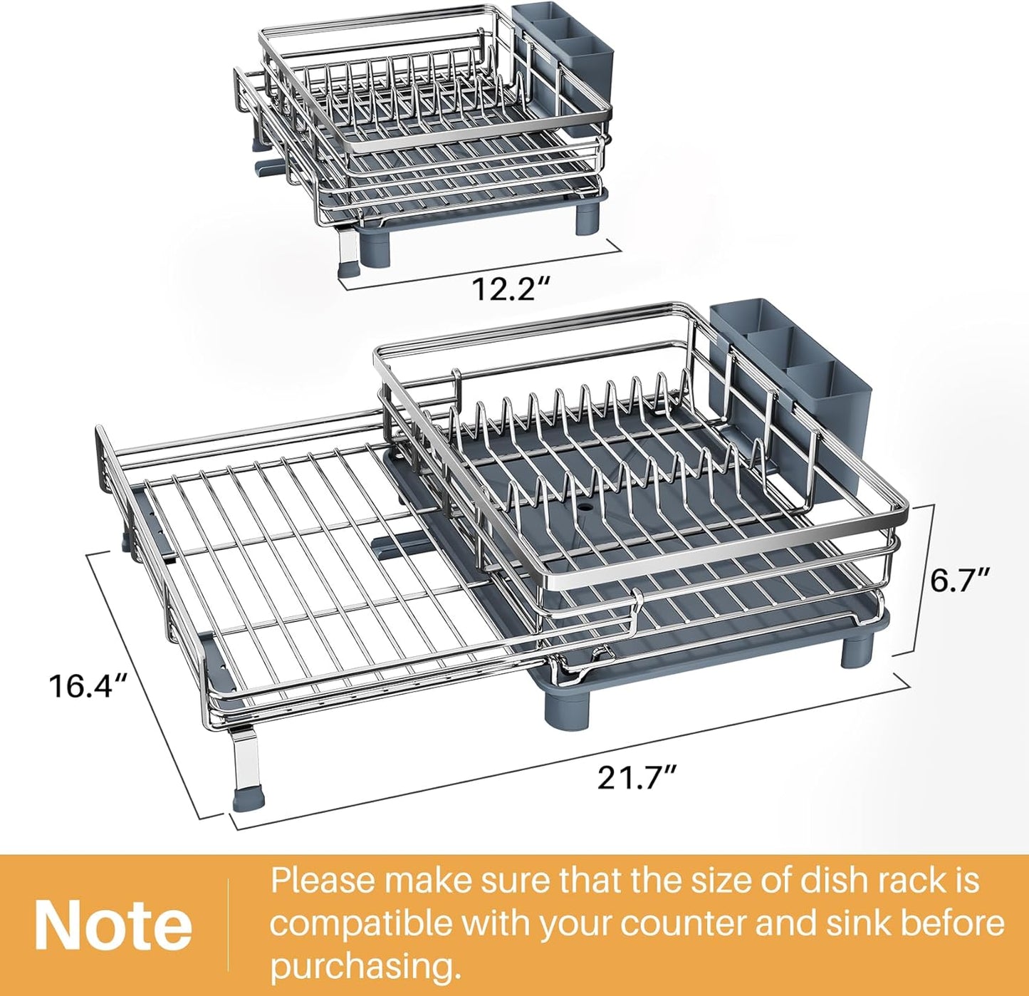 Expandable Dish Drying Rack for Kitchen Counter, Stainless Steel, Black | Foldable Over Sink, Large Capacity, Adjust to Fit Most Sinks, Angled Drainboard, Removable Utensil Holder, Slip Resistant
