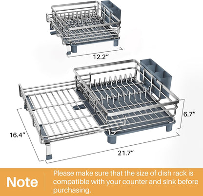 Expandable Dish Drying Rack for Kitchen Counter, Stainless Steel, Black | Foldable Over Sink, Large Capacity, Adjust to Fit Most Sinks, Angled Drainboard, Removable Utensil Holder, Slip Resistant