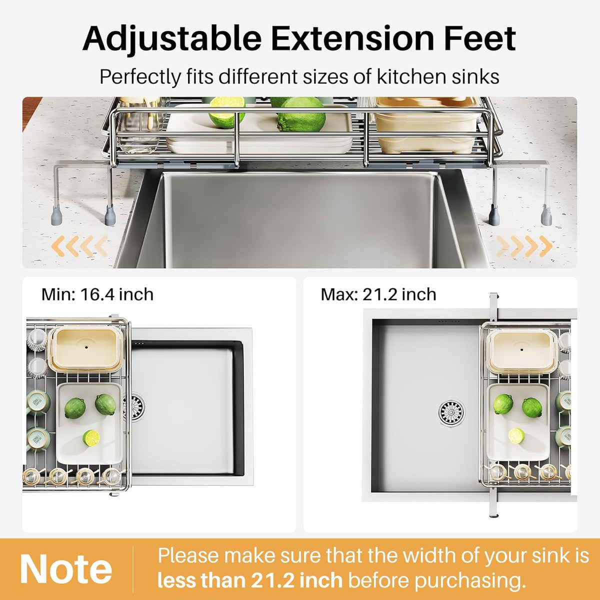 Expandable Dish Drying Rack for Kitchen Counter, Stainless Steel, Black | Foldable Over Sink, Large Capacity, Adjust to Fit Most Sinks, Angled Drainboard, Removable Utensil Holder, Slip Resistant