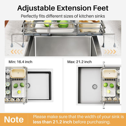 Expandable Dish Drying Rack for Kitchen Counter, Stainless Steel, Black | Foldable Over Sink, Large Capacity, Adjust to Fit Most Sinks, Angled Drainboard, Removable Utensil Holder, Slip Resistant