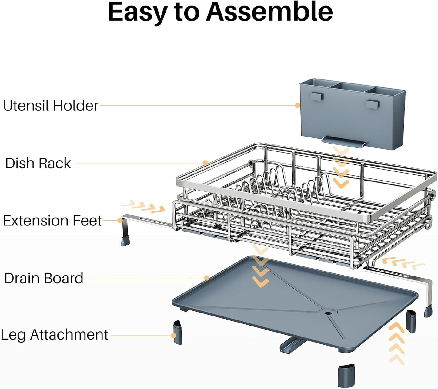 Expandable Dish Drying Rack for Kitchen Counter, Stainless Steel, Black | Foldable Over Sink, Large Capacity, Adjust to Fit Most Sinks, Angled Drainboard, Removable Utensil Holder, Slip Resistant