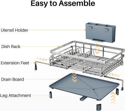 Expandable Dish Drying Rack for Kitchen Counter, Stainless Steel, Black | Foldable Over Sink, Large Capacity, Adjust to Fit Most Sinks, Angled Drainboard, Removable Utensil Holder, Slip Resistant