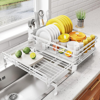 Expandable Dish Drying Rack for Kitchen Counter, Stainless Steel, Black | Foldable Over Sink, Large Capacity, Adjust to Fit Most Sinks, Angled Drainboard, Removable Utensil Holder, Slip Resistant