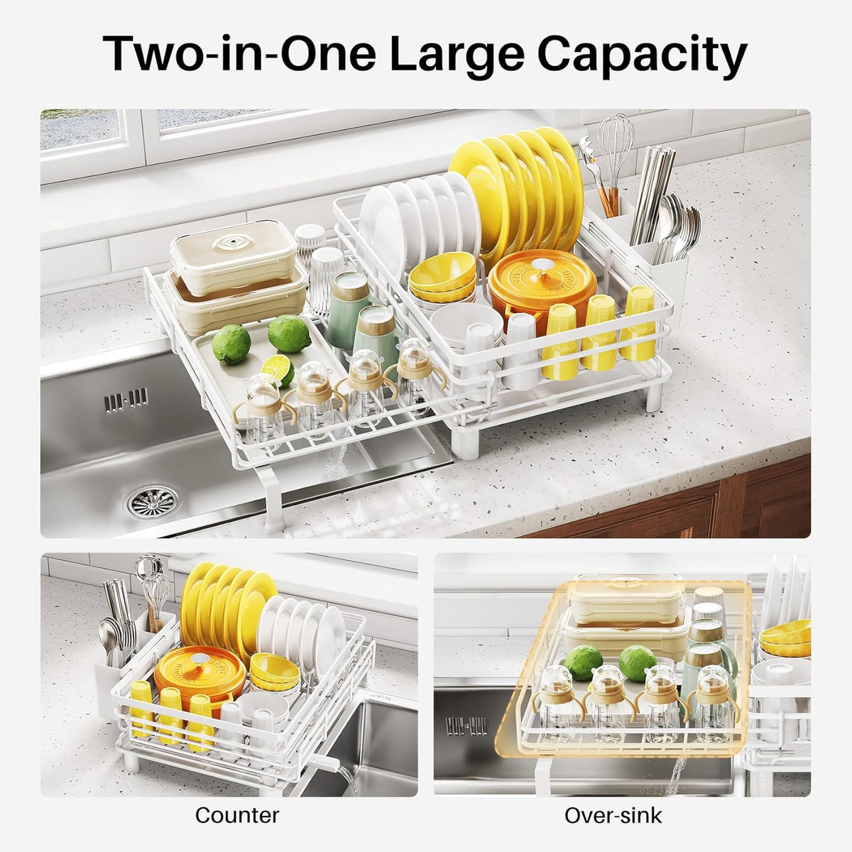 Expandable Dish Drying Rack for Kitchen Counter, Stainless Steel, Black | Foldable Over Sink, Large Capacity, Adjust to Fit Most Sinks, Angled Drainboard, Removable Utensil Holder, Slip Resistant