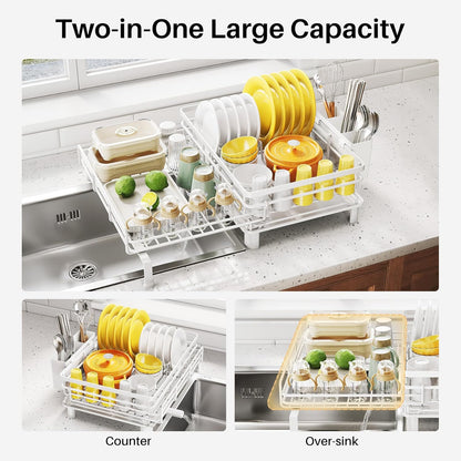 Expandable Dish Drying Rack for Kitchen Counter, Stainless Steel, Black | Foldable Over Sink, Large Capacity, Adjust to Fit Most Sinks, Angled Drainboard, Removable Utensil Holder, Slip Resistant