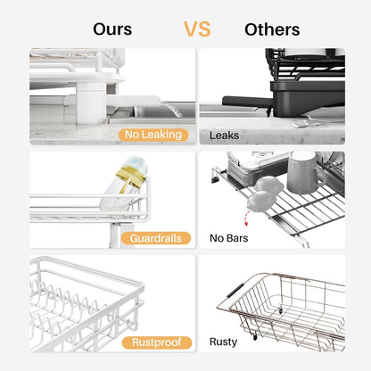 Expandable Dish Drying Rack for Kitchen Counter, Stainless Steel, Black | Foldable Over Sink, Large Capacity, Adjust to Fit Most Sinks, Angled Drainboard, Removable Utensil Holder, Slip Resistant