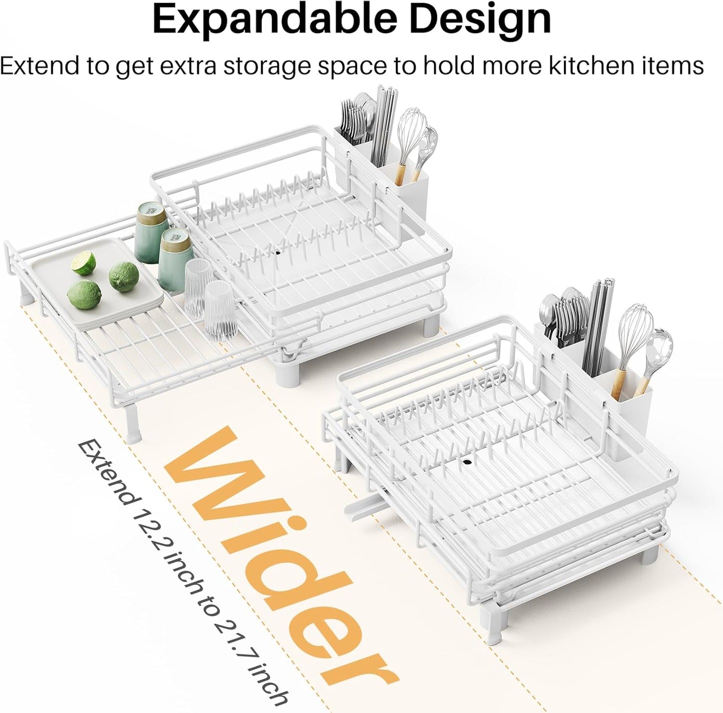 Expandable Dish Drying Rack for Kitchen Counter, Stainless Steel, Black | Foldable Over Sink, Large Capacity, Adjust to Fit Most Sinks, Angled Drainboard, Removable Utensil Holder, Slip Resistant