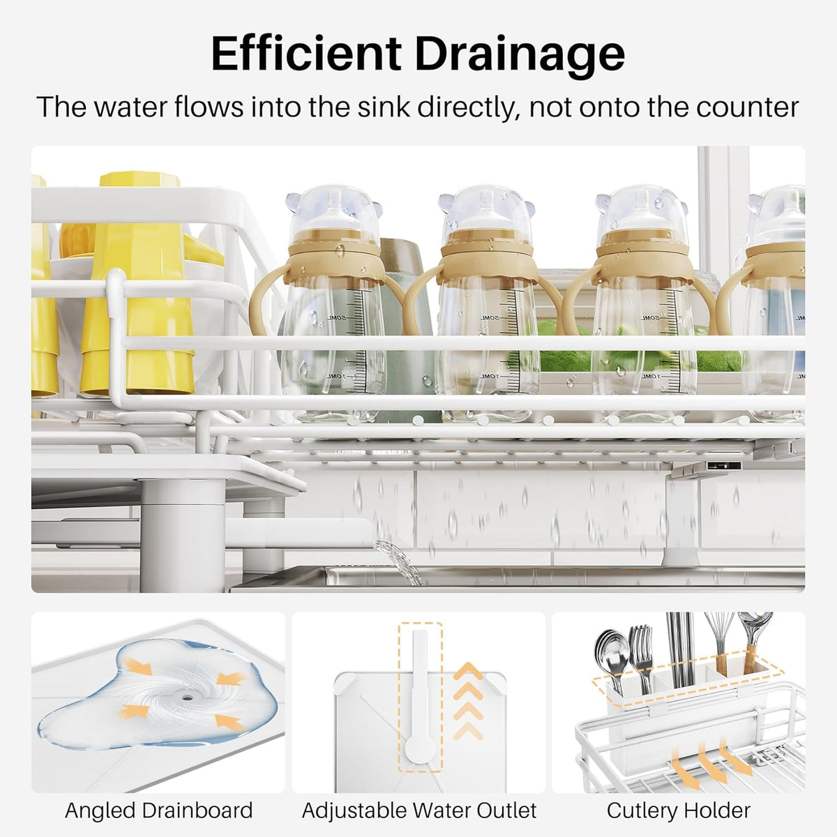 Expandable Dish Drying Rack for Kitchen Counter, Stainless Steel, Black | Foldable Over Sink, Large Capacity, Adjust to Fit Most Sinks, Angled Drainboard, Removable Utensil Holder, Slip Resistant