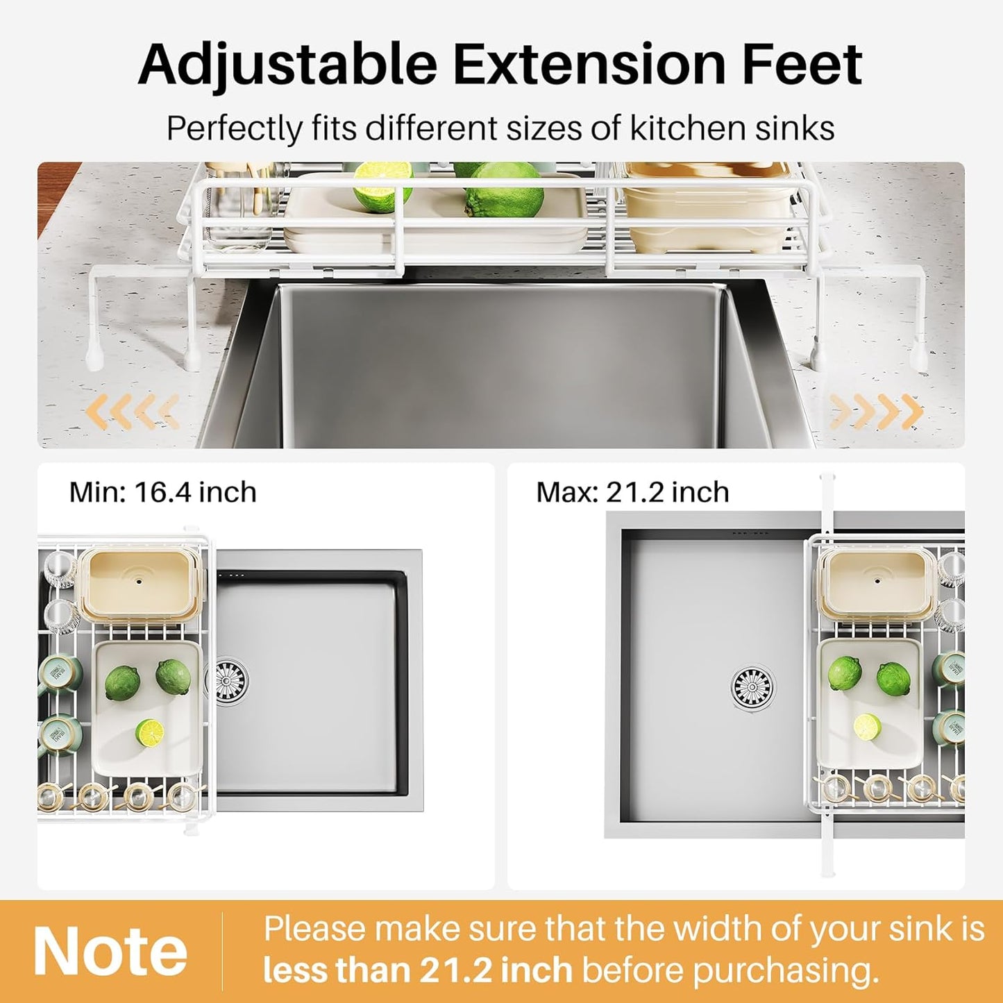 Expandable Dish Drying Rack for Kitchen Counter, Stainless Steel, Black | Foldable Over Sink, Large Capacity, Adjust to Fit Most Sinks, Angled Drainboard, Removable Utensil Holder, Slip Resistant