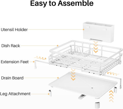 Expandable Dish Drying Rack for Kitchen Counter, Stainless Steel, Black | Foldable Over Sink, Large Capacity, Adjust to Fit Most Sinks, Angled Drainboard, Removable Utensil Holder, Slip Resistant