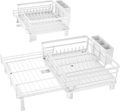 Expandable Dish Drying Rack for Kitchen Counter, Stainless Steel, Black | Foldable Over Sink, Large Capacity, Adjust to Fit Most Sinks, Angled Drainboard, Removable Utensil Holder, Slip Resistant