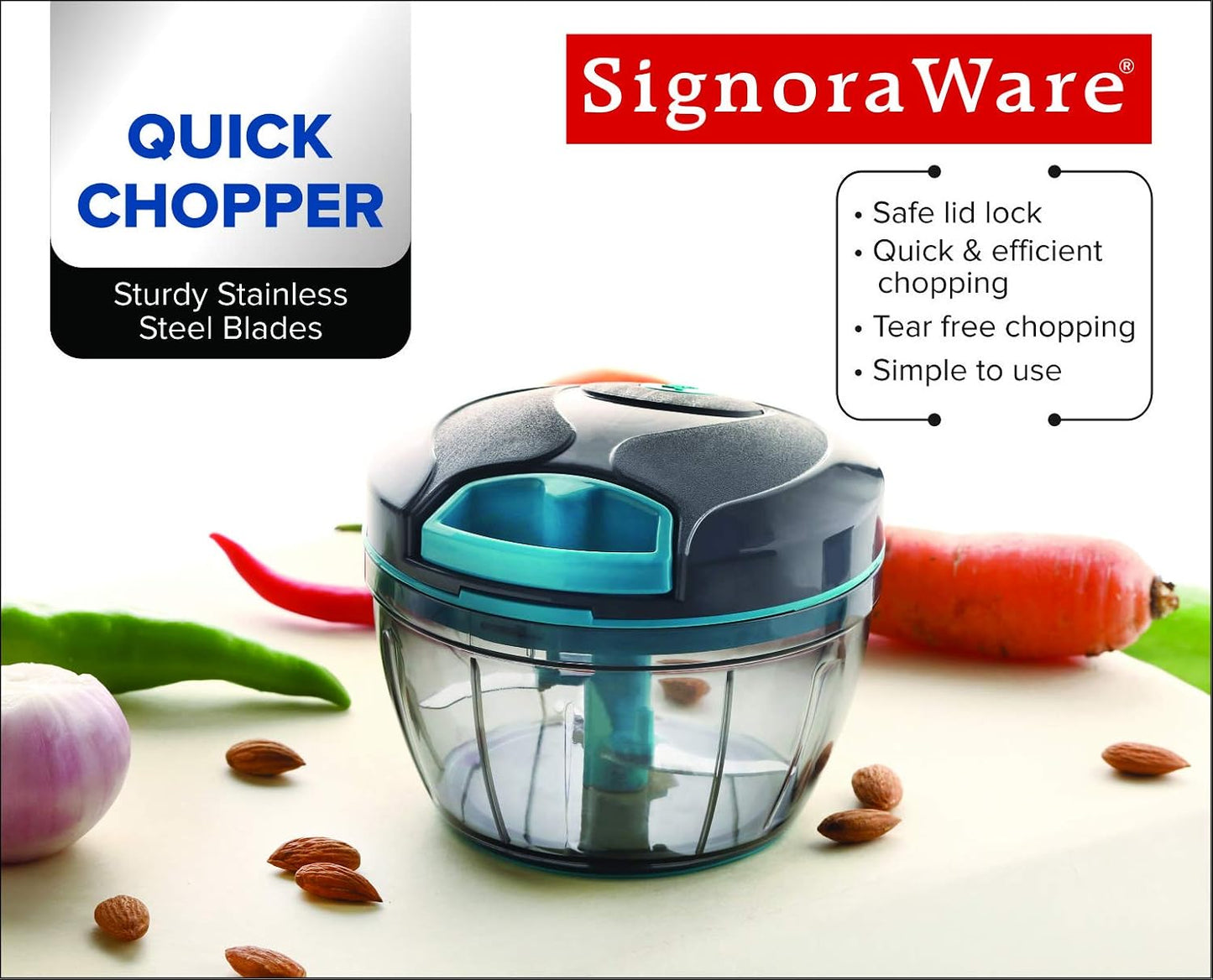 Manual Food Processor, Vegetable Chopper -Easy Pull Hand String- Portable Stainless Steel Hand Food Chopper, Cutter, Garlic Mincer, Onion, Veggie, Fruit Chopper, Dicer w/Container (15 oz)