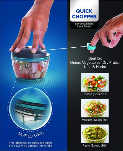 Manual Food Processor, Vegetable Chopper -Easy Pull Hand String- Portable Stainless Steel Hand Food Chopper, Cutter, Garlic Mincer, Onion, Veggie, Fruit Chopper, Dicer w/Container (15 oz)