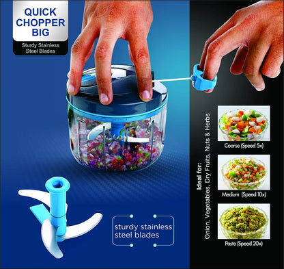 Manual Food Processor, Vegetable Chopper -Easy Pull Hand String- Portable Stainless Steel Hand Food Chopper, Cutter, Garlic Mincer, Onion, Veggie, Fruit Chopper, Dicer w/Container (15 oz)