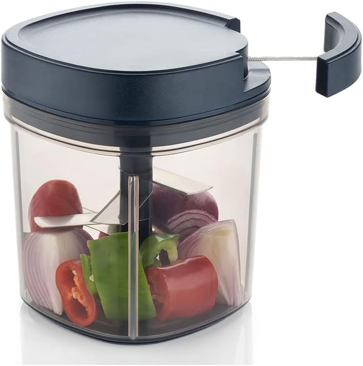 Manual Food Processor, Vegetable Chopper -Easy Pull Hand String- Portable Stainless Steel Hand Food Chopper, Cutter, Garlic Mincer, Onion, Veggie, Fruit Chopper, Dicer w/Container (15 oz)