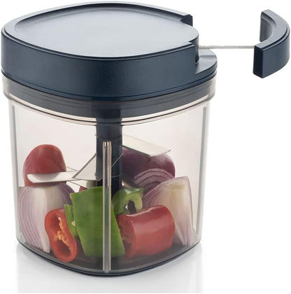 Manual Food Processor, Vegetable Chopper -Easy Pull Hand String- Portable Stainless Steel Hand Food Chopper, Cutter, Garlic Mincer, Onion, Veggie, Fruit Chopper, Dicer w/Container (15 oz)