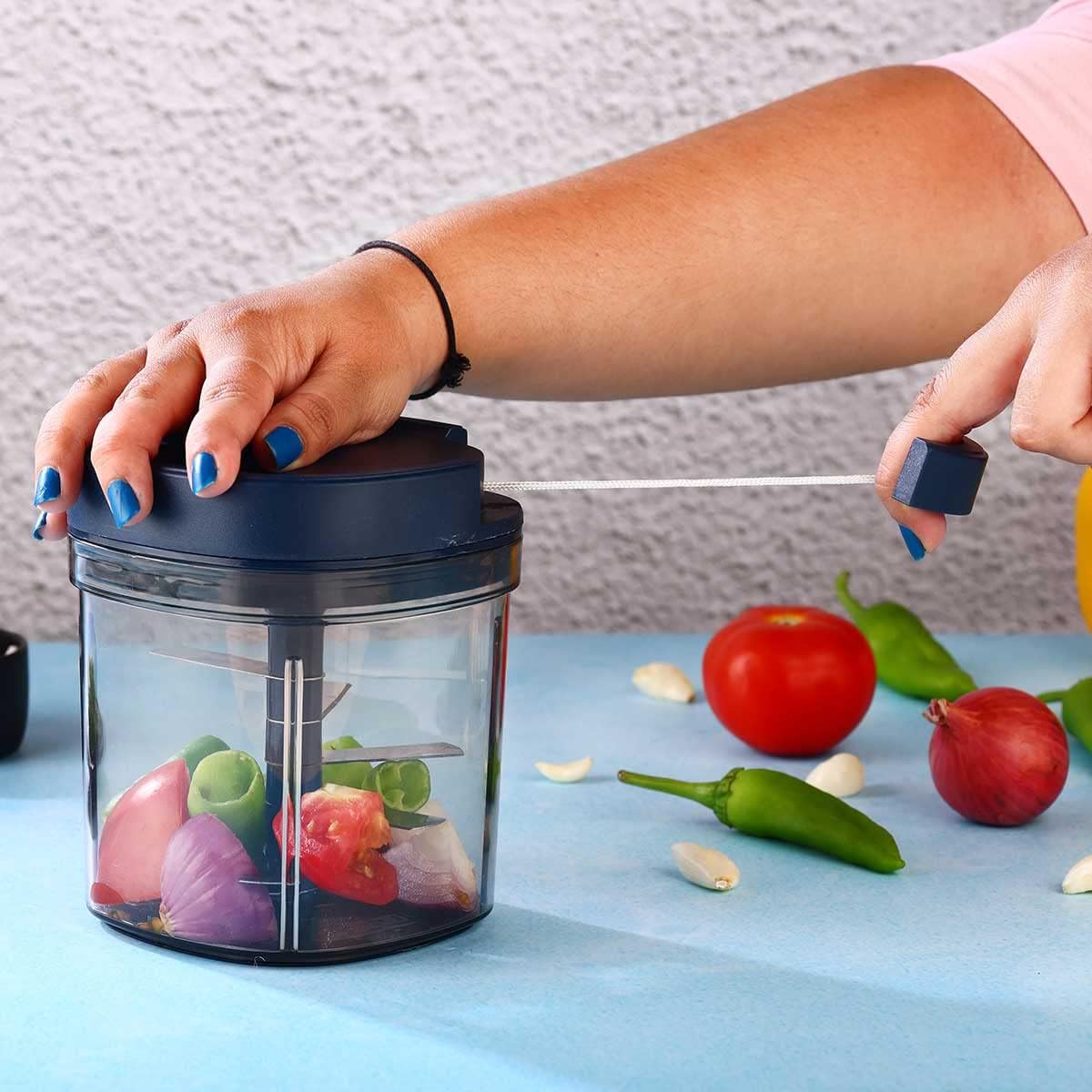 Manual Food Processor, Vegetable Chopper -Easy Pull Hand String- Portable Stainless Steel Hand Food Chopper, Cutter, Garlic Mincer, Onion, Veggie, Fruit Chopper, Dicer w/Container (15 oz)