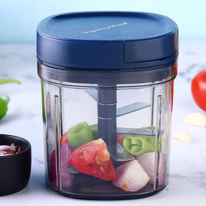 Manual Food Processor, Vegetable Chopper -Easy Pull Hand String- Portable Stainless Steel Hand Food Chopper, Cutter, Garlic Mincer, Onion, Veggie, Fruit Chopper, Dicer w/Container (15 oz)