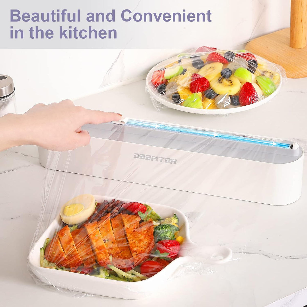 Plastic Wrap Dispenser with Cutter,Plastic Food Wrap Dispenser with Slide Cutter Refillable Cling Film Dispenser with 250' of Professional BPA Free Cling Film.