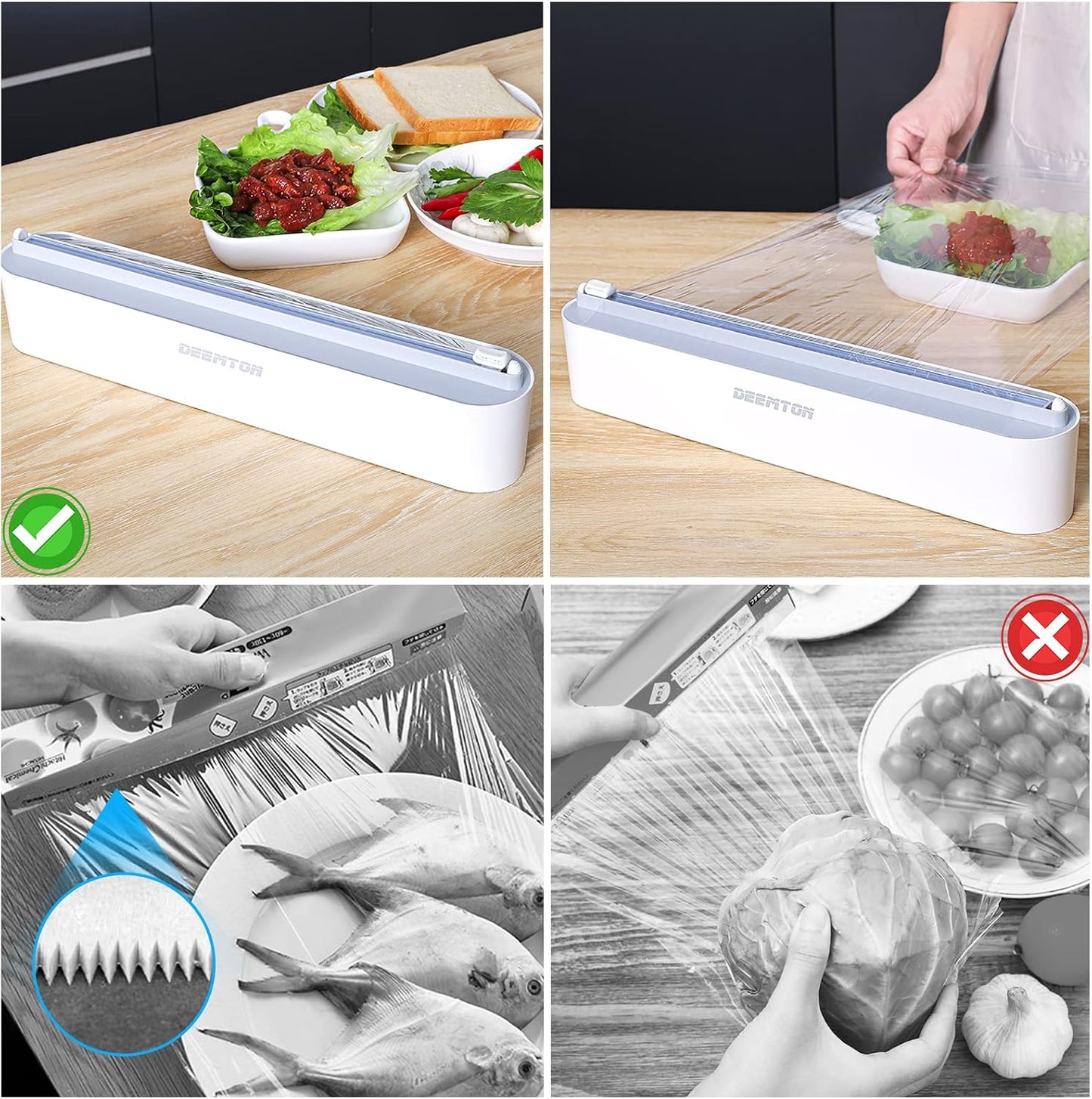 Plastic Wrap Dispenser with Cutter,Plastic Food Wrap Dispenser with Slide Cutter Refillable Cling Film Dispenser with 250' of Professional BPA Free Cling Film.