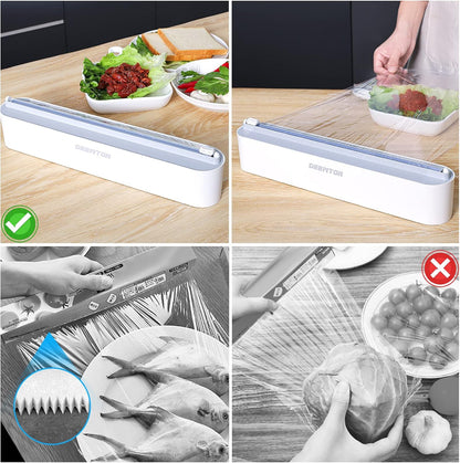 Plastic Wrap Dispenser with Cutter,Plastic Food Wrap Dispenser with Slide Cutter Refillable Cling Film Dispenser with 250' of Professional BPA Free Cling Film.