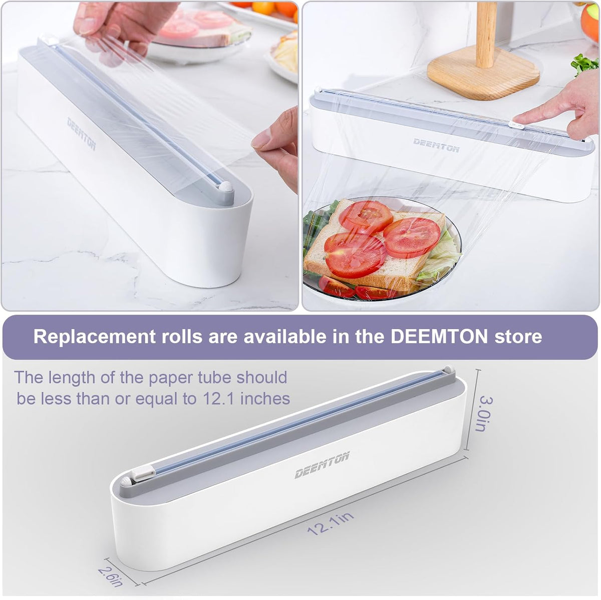Plastic Wrap Dispenser with Cutter,Plastic Food Wrap Dispenser with Slide Cutter Refillable Cling Film Dispenser with 250' of Professional BPA Free Cling Film.