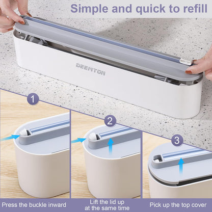 Plastic Wrap Dispenser with Cutter,Plastic Food Wrap Dispenser with Slide Cutter Refillable Cling Film Dispenser with 250' of Professional BPA Free Cling Film.