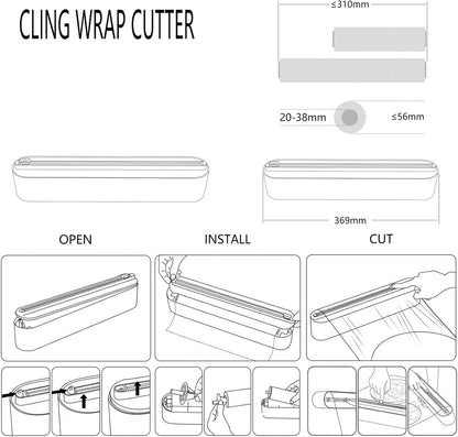 Plastic Wrap Dispenser with Cutter,Plastic Food Wrap Dispenser with Slide Cutter Refillable Cling Film Dispenser with 250' of Professional BPA Free Cling Film.
