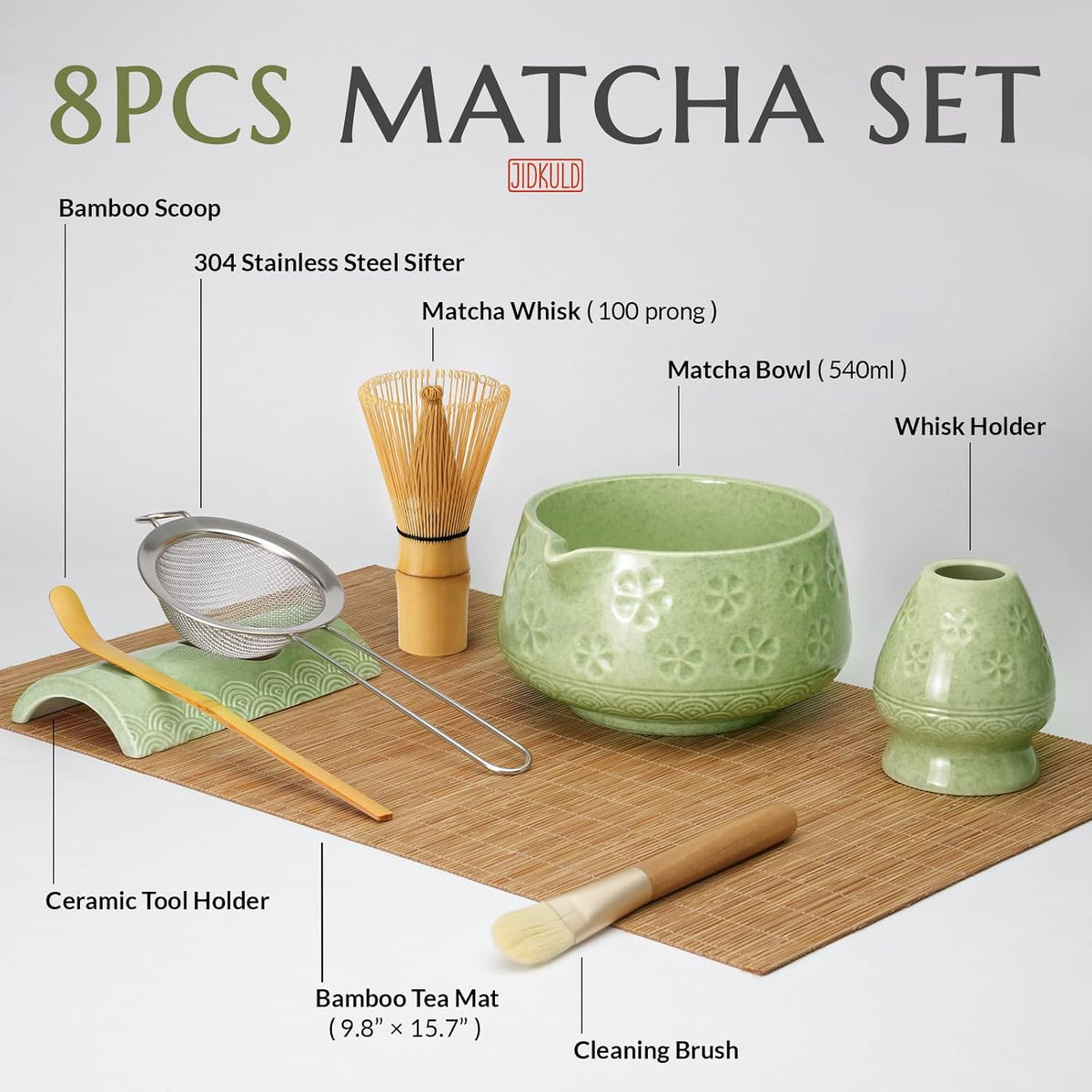 8 Pcs Matcha Whisk Set, Matcha Kit Gifts for Women, Mottled Green