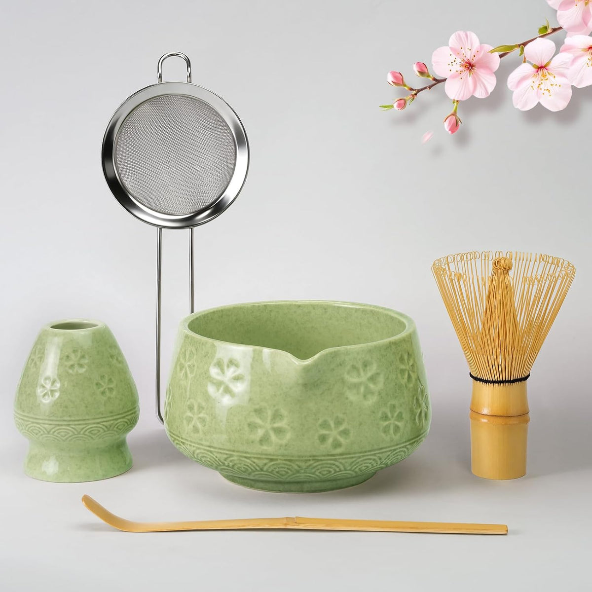 8 Pcs Matcha Whisk Set, Matcha Kit Gifts for Women, Mottled Green
