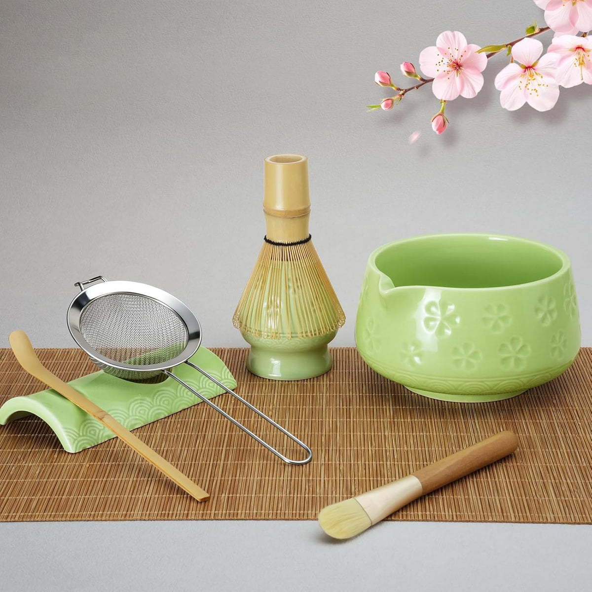 8 Pcs Matcha Whisk Set, Matcha Kit Gifts for Women, Mottled Green