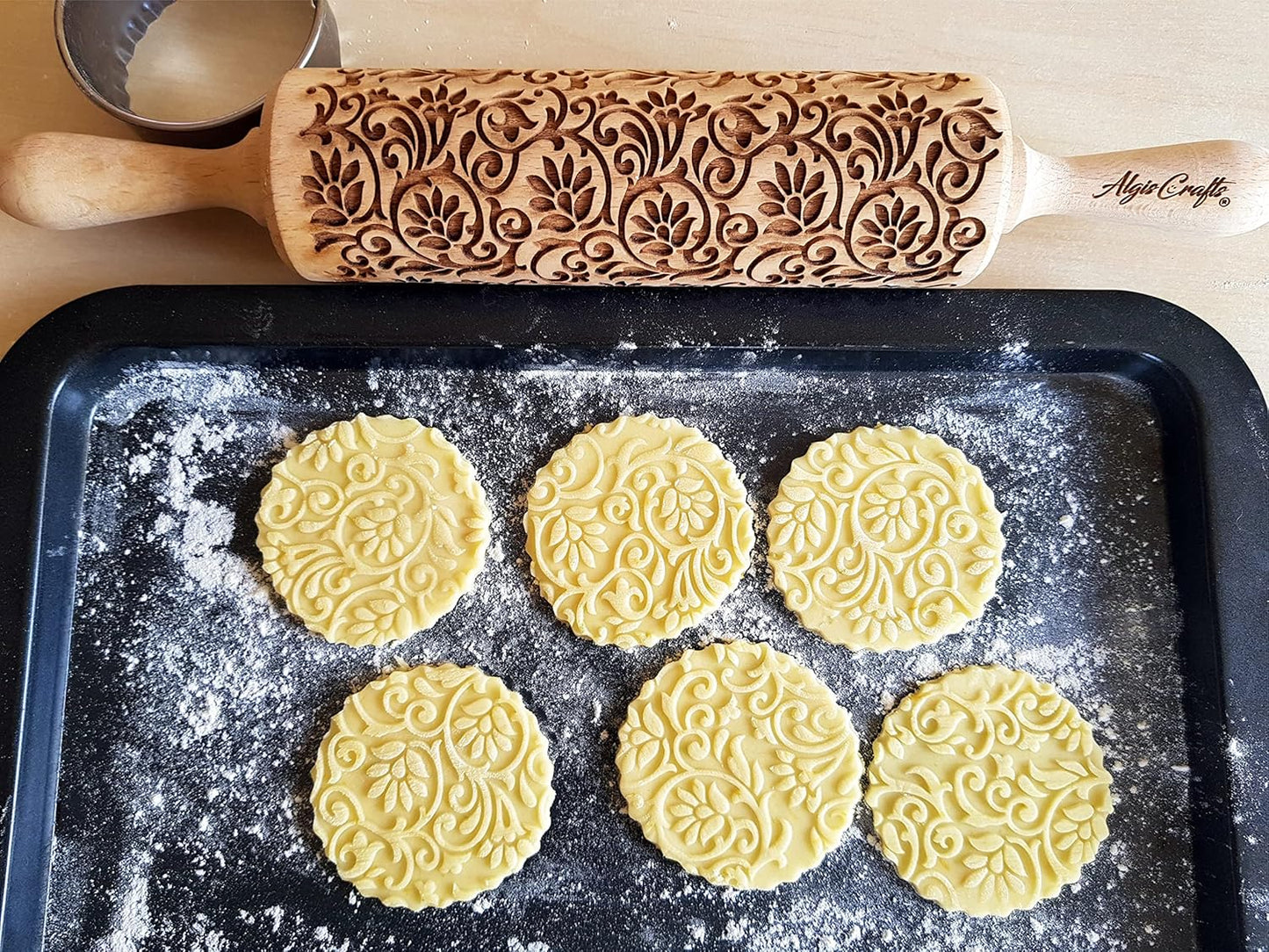 FLOWERING VINE Embossing Rolling Pin. Laser Engraved Dough Roller with Climbing Flowers Pattern for Embossed Cookies or Pottery