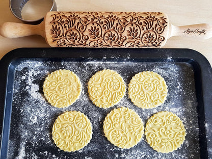 FLOWERING VINE Embossing Rolling Pin. Laser Engraved Dough Roller with Climbing Flowers Pattern for Embossed Cookies or Pottery