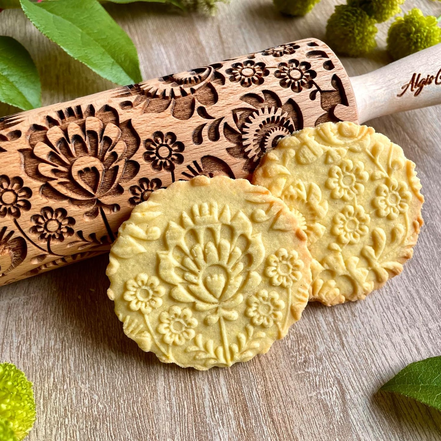 FLOWERING VINE Embossing Rolling Pin. Laser Engraved Dough Roller with Climbing Flowers Pattern for Embossed Cookies or Pottery