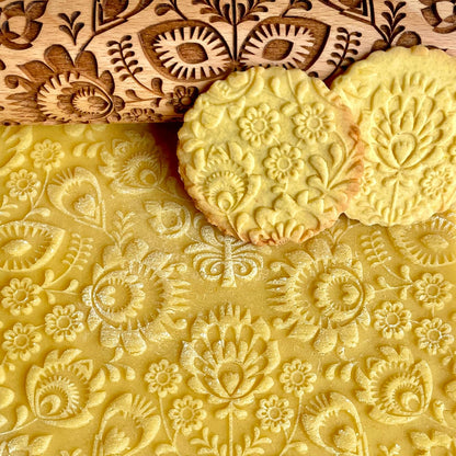 FLOWERING VINE Embossing Rolling Pin. Laser Engraved Dough Roller with Climbing Flowers Pattern for Embossed Cookies or Pottery