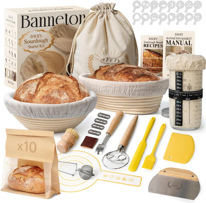 BAVIFY Sourdough Starter Kit, Banneton Bread Proofing Baskets Set, Sourdough Bread Baking Supplies Making Tools with Dough Scraper, Whisk, Bread Lame, Recipe, Wood Pulp Banneton - 2 Round Gift Set
