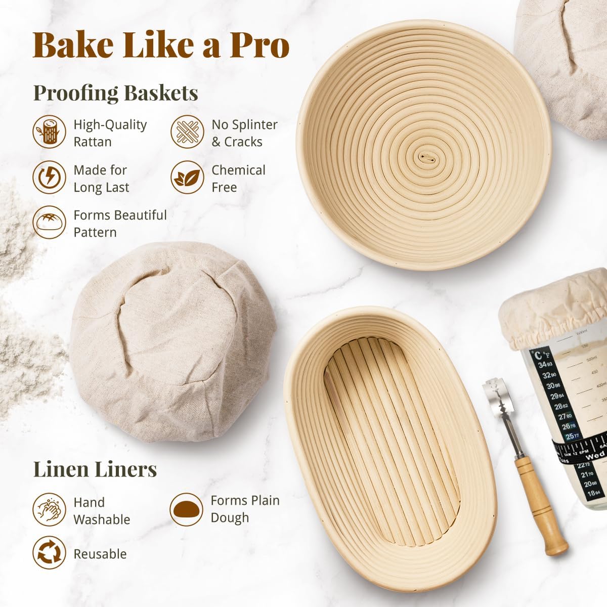 BAVIFY Sourdough Starter Kit, Banneton Bread Proofing Baskets Set, Sourdough Bread Baking Supplies Making Tools with Dough Scraper, Whisk, Bread Lame, Recipe, Wood Pulp Banneton - 2 Round Gift Set
