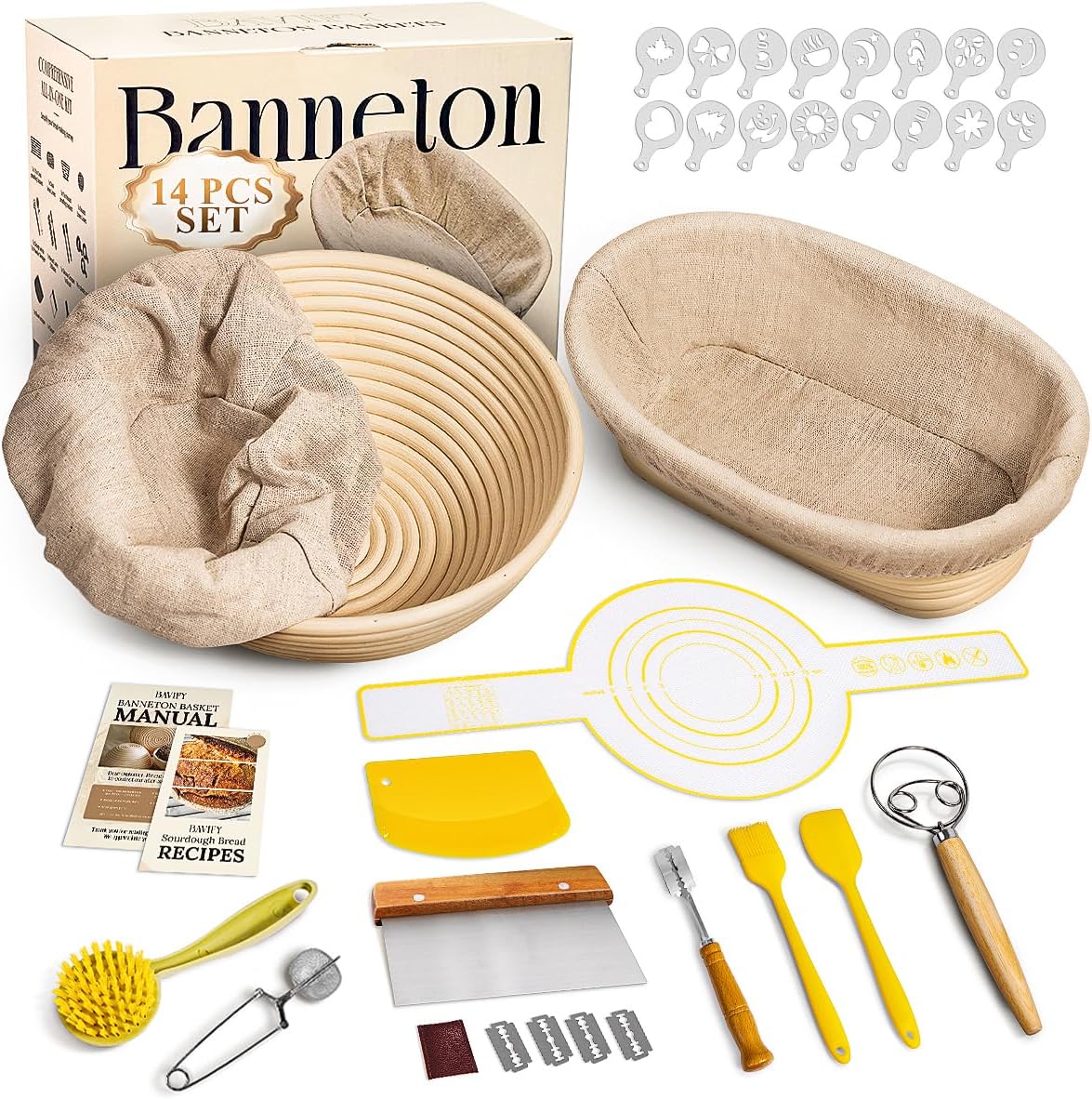 BAVIFY Sourdough Starter Kit, Banneton Bread Proofing Baskets Set, Sourdough Bread Baking Supplies Making Tools with Dough Scraper, Whisk, Bread Lame, Recipe, Wood Pulp Banneton - 2 Round Gift Set