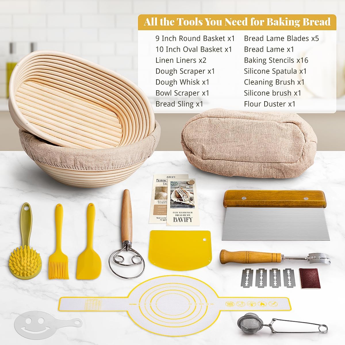 BAVIFY Sourdough Starter Kit, Banneton Bread Proofing Baskets Set, Sourdough Bread Baking Supplies Making Tools with Dough Scraper, Whisk, Bread Lame, Recipe, Wood Pulp Banneton - 2 Round Gift Set