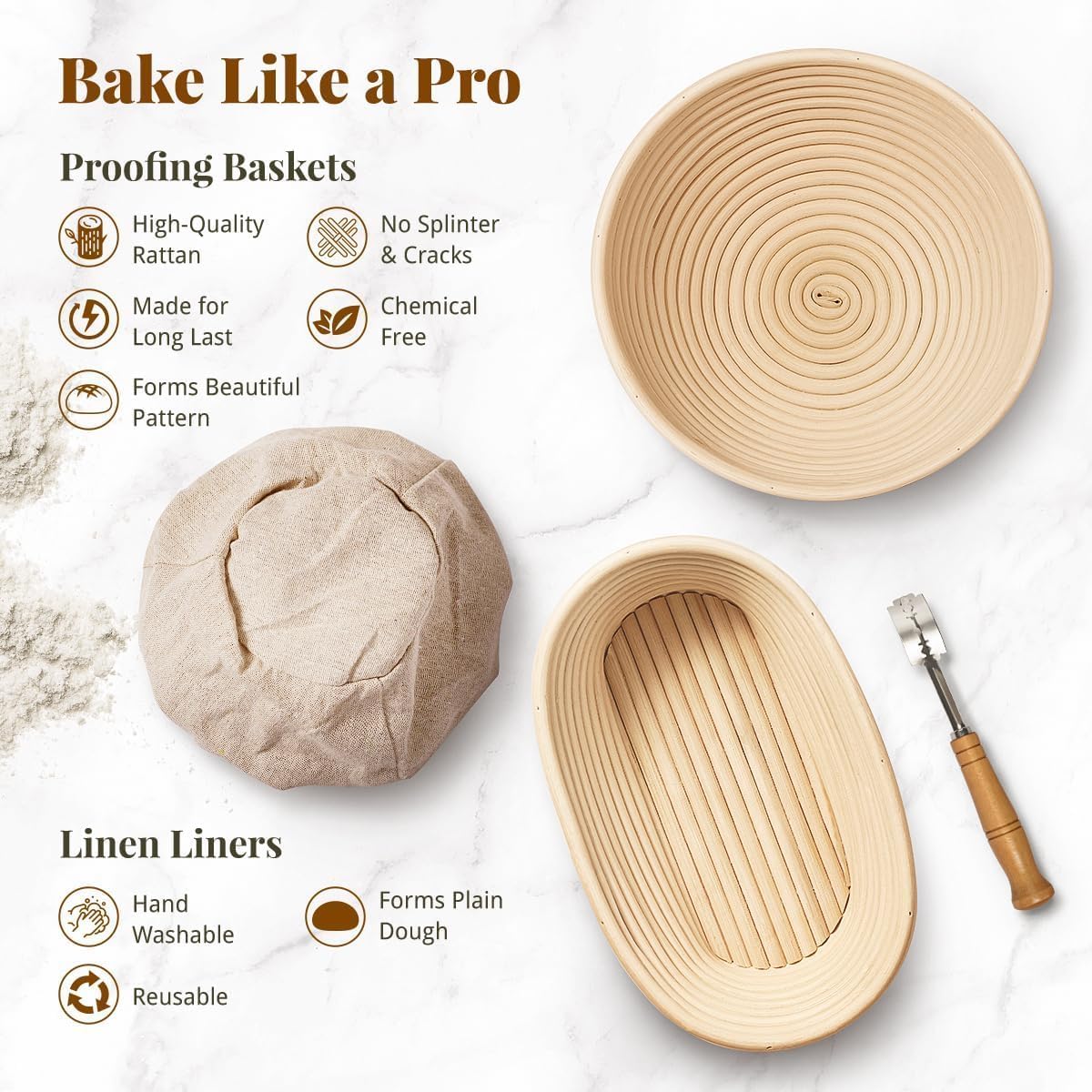 BAVIFY Sourdough Starter Kit, Banneton Bread Proofing Baskets Set, Sourdough Bread Baking Supplies Making Tools with Dough Scraper, Whisk, Bread Lame, Recipe, Wood Pulp Banneton - 2 Round Gift Set