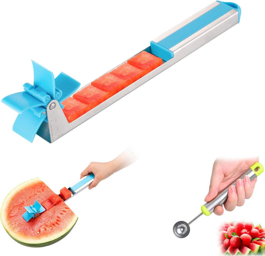 Watermelon Slicer Cube Cutter Knife Corer Windmill Stainless Steel Fruit Tools With Melon Baller Scooper Easy Unique Kitchen Gadgets Home Gift (Bule)