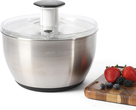 Aero 6.3-Qt Stainless Steel Salad Spinner, Fruit & Vegetable Washer Bowl with Strainer Basket for Washing Lettuce, Spinach, Herbs & Fresh Produce
