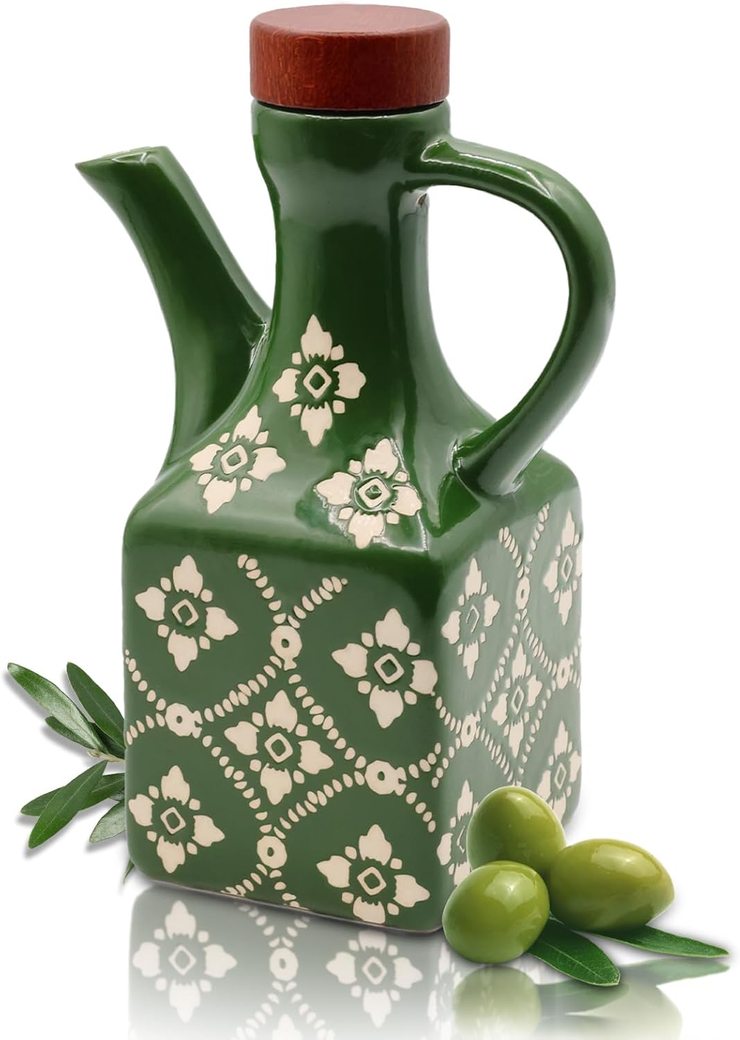 Olive Oil Dispenser Bottle Ceramic，8.5 Oz Decoration Oil Dispenser for Kitchen，Leakproof Oil And Vinegar Container with Handle，Green Italian Cooking Oil Cruet，Easy Pour