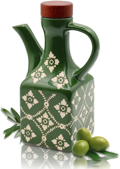 Olive Oil Dispenser Bottle Ceramic，8.5 Oz Decoration Oil Dispenser for Kitchen，Leakproof Oil And Vinegar Container with Handle，Green Italian Cooking Oil Cruet，Easy Pour